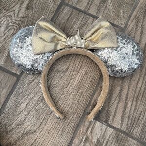 Disney Silver Sequin Minnie Ears Headband with Gold Bow
